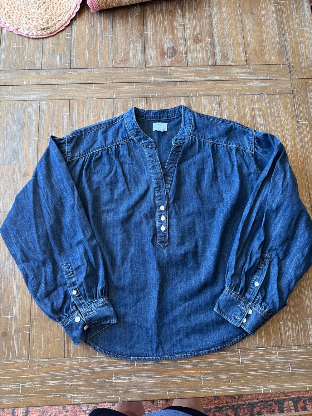 Time and Tru Dark Blue Denim Henley Blouse